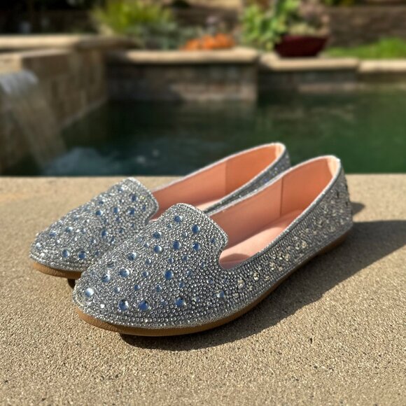 New Diamante Silver Rhinestone Crystal Loafer Ballet Flat Ballerina Shoe Slip-On - Picture 1 of 6